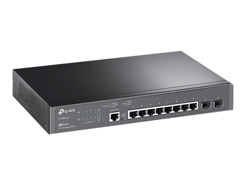 Un commutateur réseau noir avec plusieurs ports Ethernet sur le devant. Le nom de la marque et les voyants de statut sont visibles.