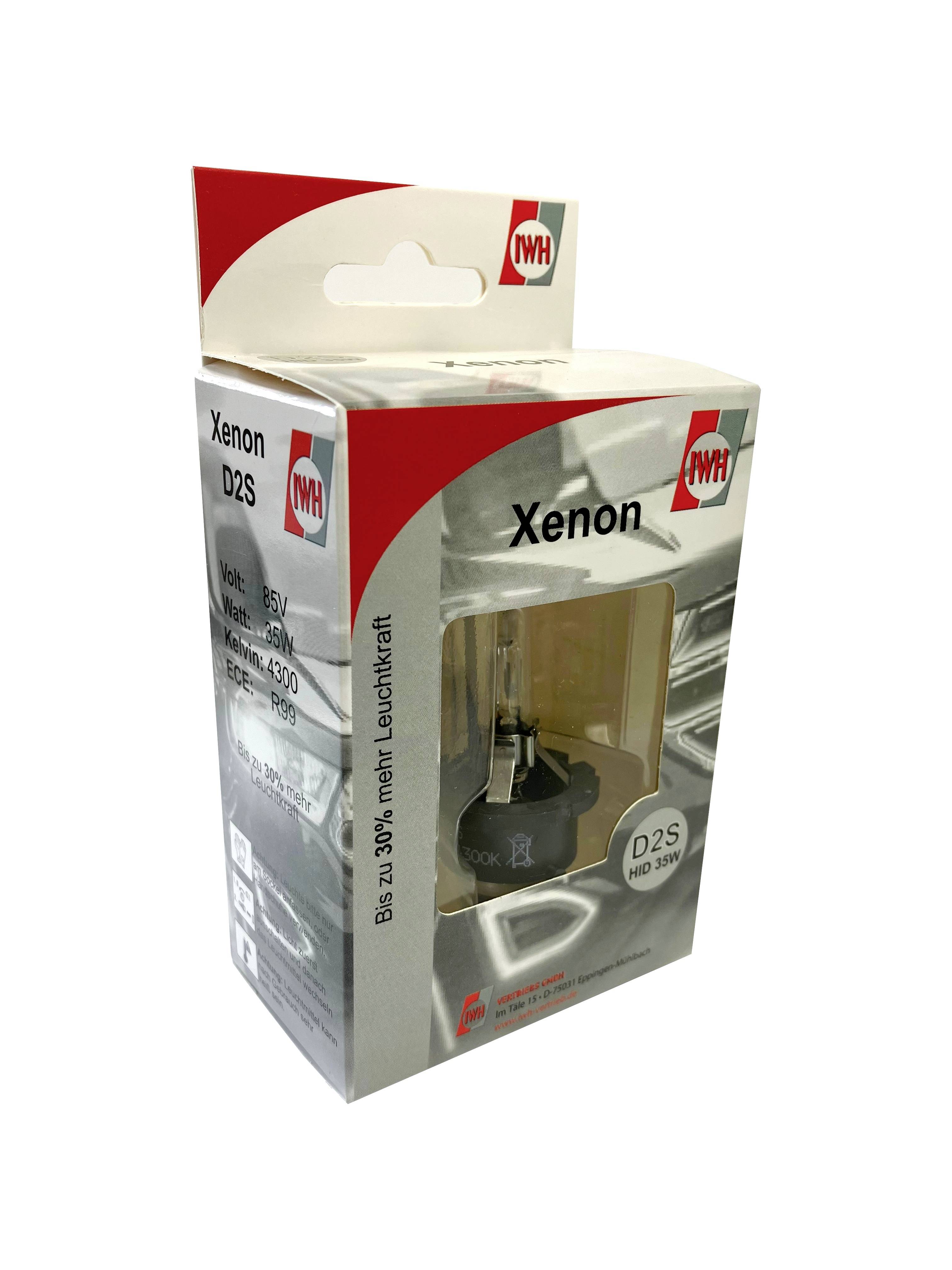 Emballage d'une ampoule Xenon D2S offrant une luminosité accrue. Design d'emballage en rouge et gris avec logo du fabricant.