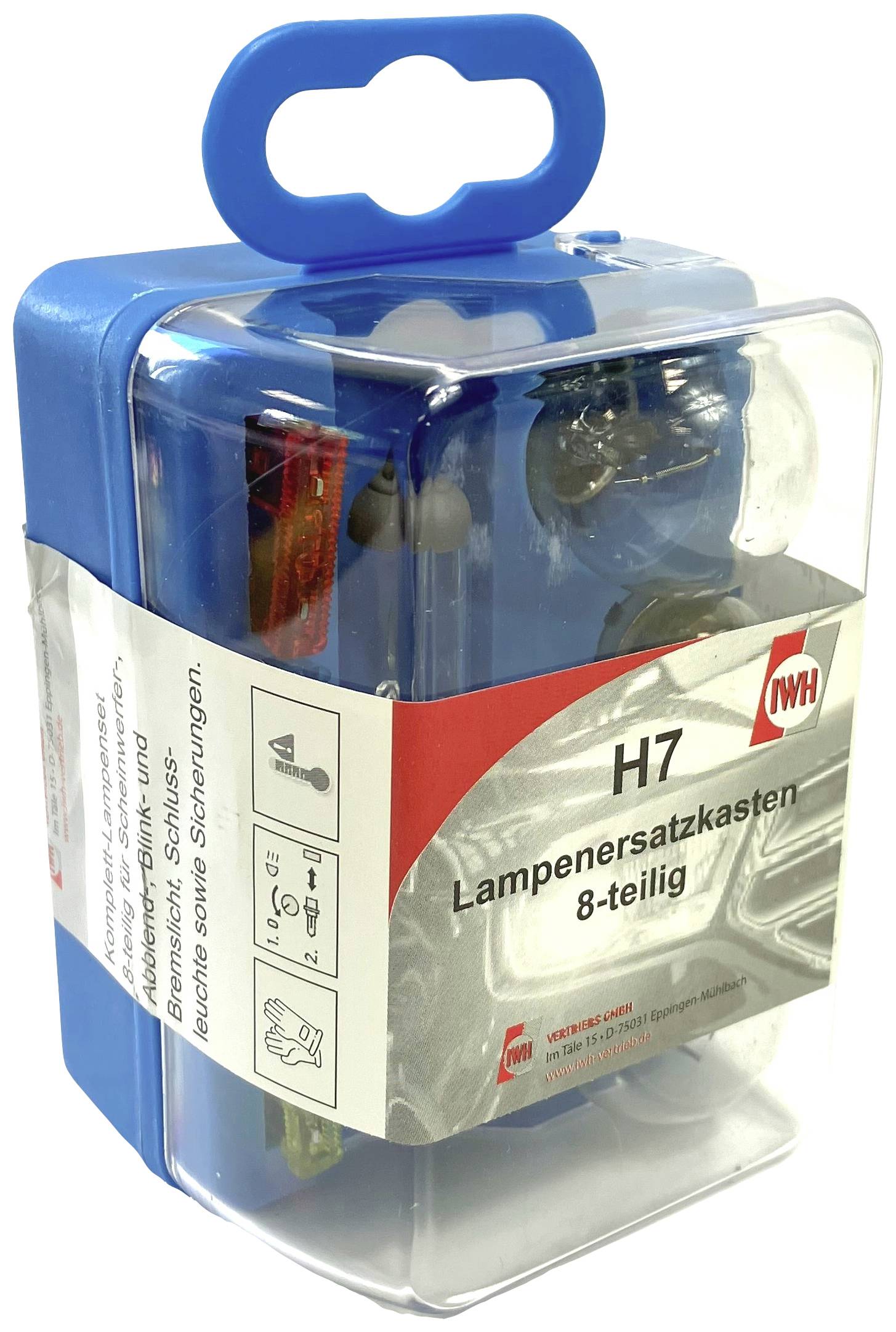 Un coffret de lampes bleu avec une étiquette blanche 'Coffret de lampes H7 8 pièces'. Contient divers ampoules de voiture et fusibles.