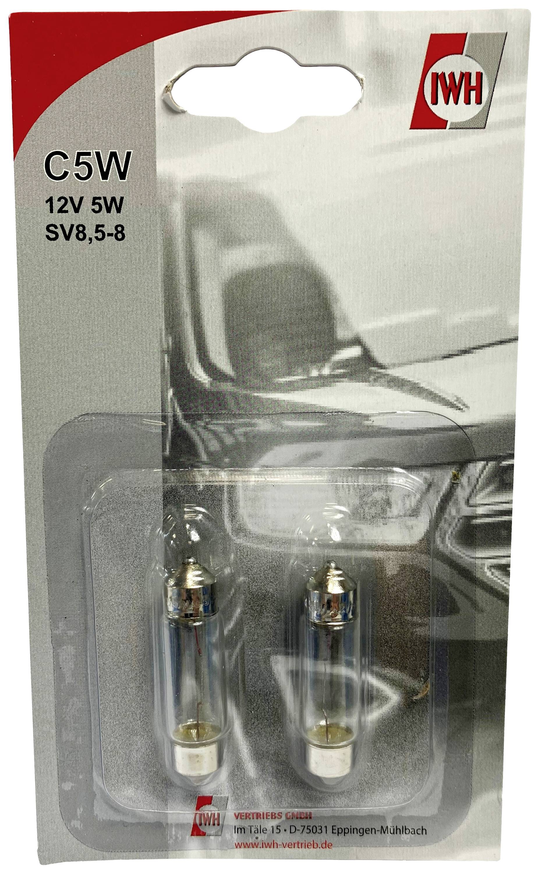 'Emballage contenant deux ampoules d'éclairage automobile C5W 12V 5W. Détails du produit en haut à gauche, logo avec des éléments rouges en haut à droite. Arrière-plan : silhouette de voiture.'