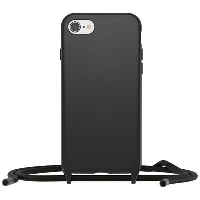 Un smartphone noir dans un étui de protection est placé verticalement et attaché à un cordon noir porté autour du cou.