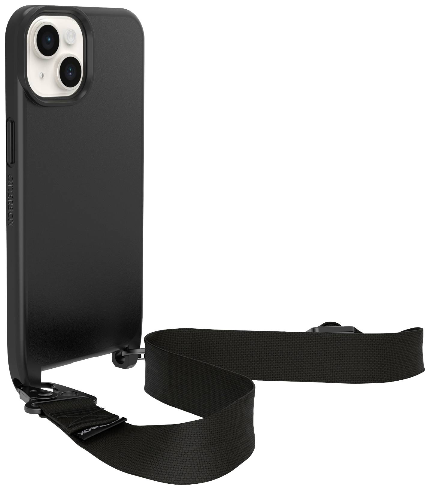 Étui noir pour smartphone avec sangle d'épaule amovible, protège et permet une utilisation mains libres. Adapté aux smartphones, design épuré.