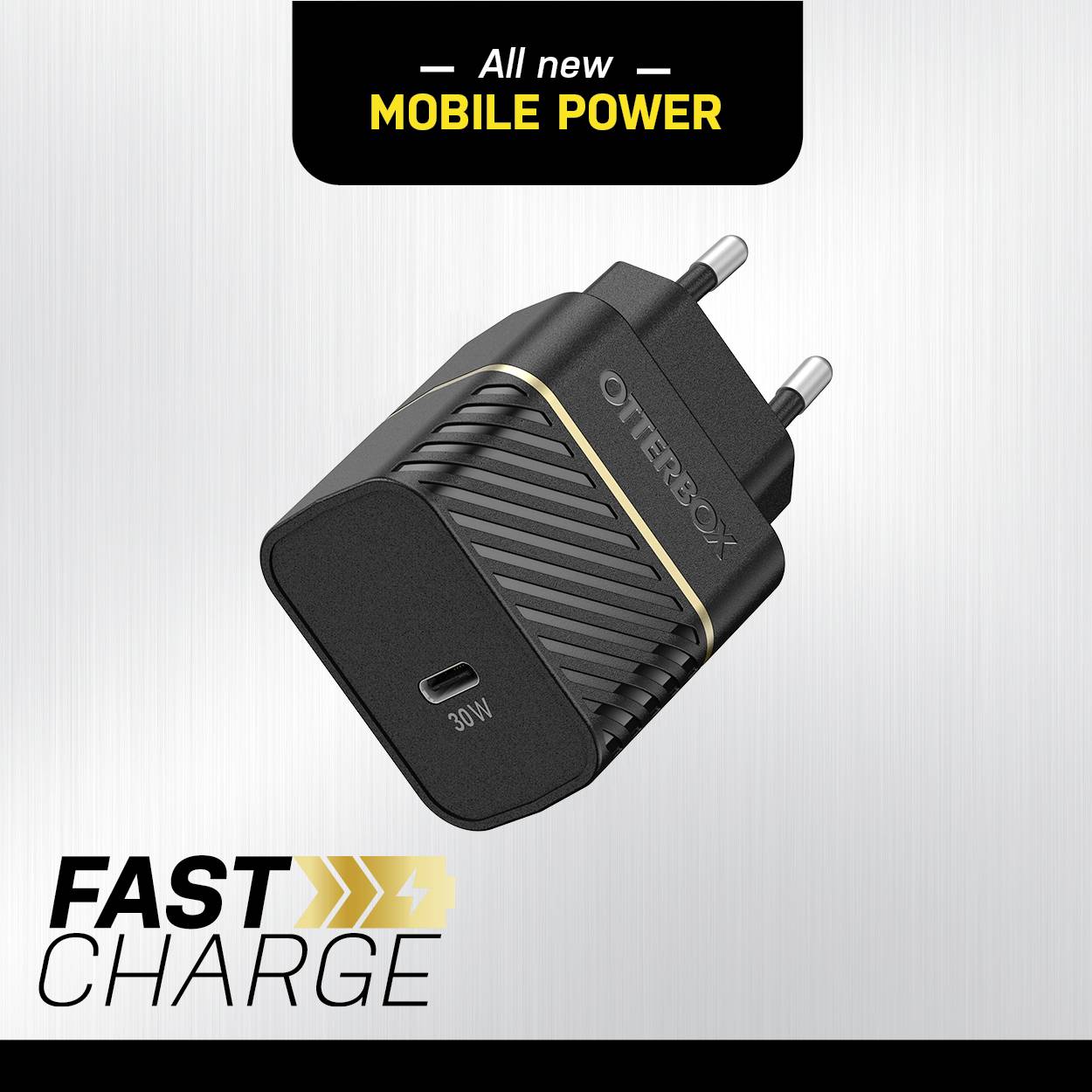 Chargeur rapide avec port USB-C, puissance de 30W. Dans le coin supérieur, il est écrit 'All new Mobile Power'. Nom de marque sur le chargeur.