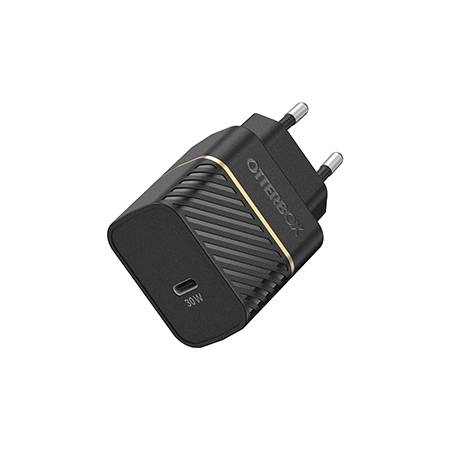 Chargeur noir avec port USB-C et marquage '30W'. Présente une fiche européenne.