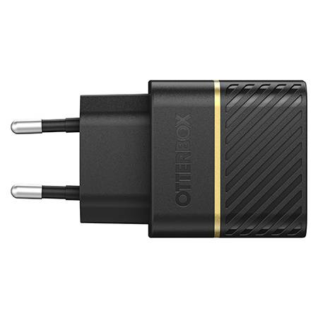Un chargeur secteur noir avec une fiche européenne et l'inscription 'OTTERBOX' sur le côté, agrémenté d'une bande dorée décorative.
