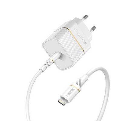 Un câble de charge blanc avec des connexions USB et secteur, portant le nom de marque 'Otterbox', est posé plié sur un fond blanc.