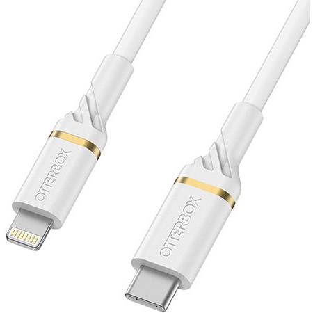 Un câble de charge blanc OtterBox avec connecteurs USB-C et Lightning, conçu pour la connexion des appareils Apple.