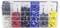 Un coffret d'assortiment à six compartiments, rempli de cosses de câble de différentes couleurs. Chaque compartiment contient une taille et une couleur différente.