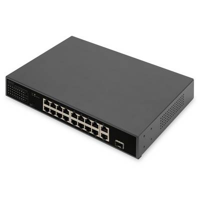 Un commutateur réseau noir avec seize ports Ethernet et deux ports supplémentaires sur un fond blanc.