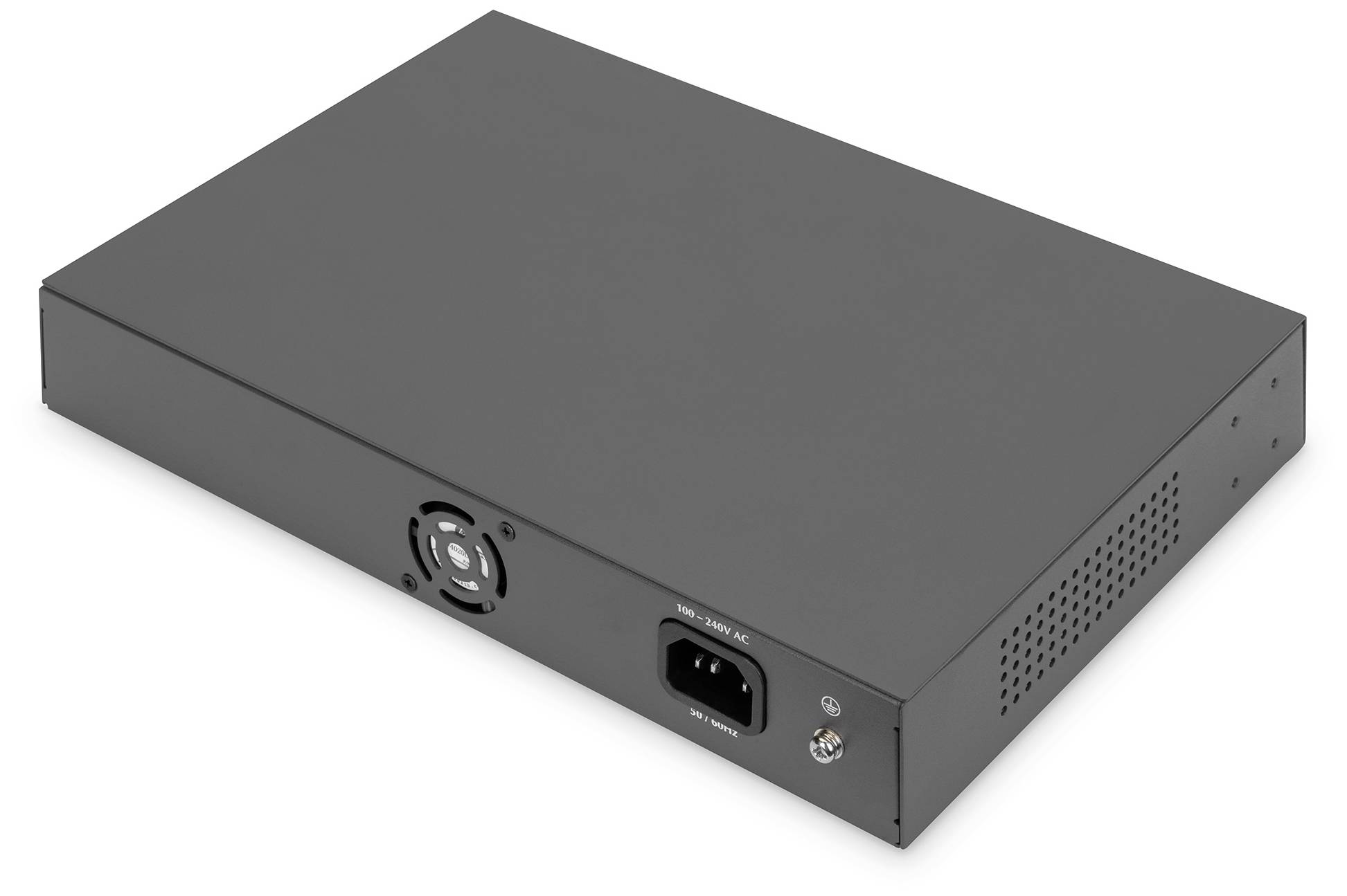Un appareil électronique noir rectangulaire avec des fentes de ventilation, une prise d'alimentation et un petit ventilateur de refroidissement à l'arrière.