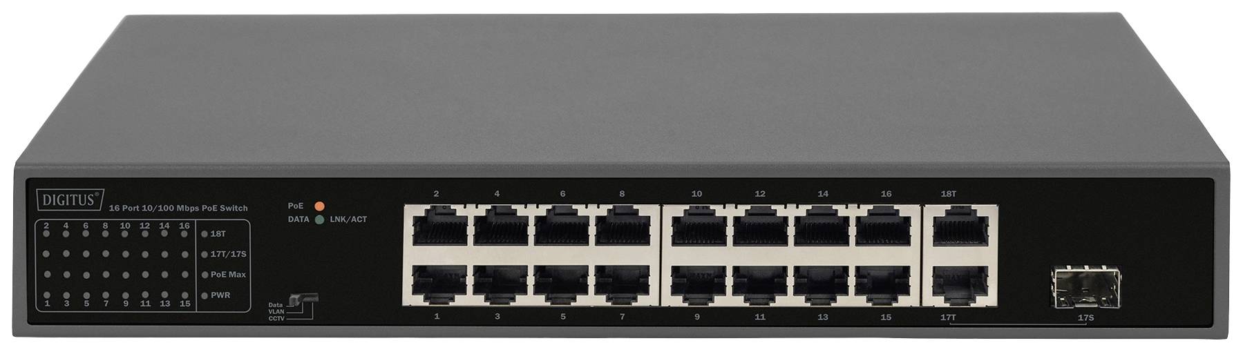Un commutateur Ethernet 16 ports avec boîtier noir, voyants LED et interface SFP sur la droite. Adapté pour les connexions réseau.