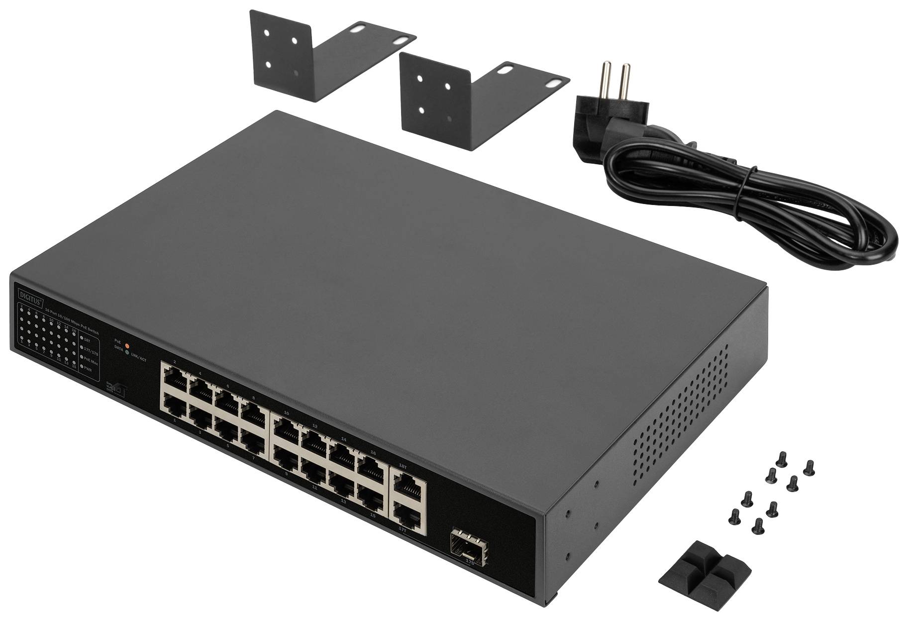 Un commutateur réseau noir avec 16 ports Ethernet et un port SFP, accompagné de matériel de montage, d'un câble d'alimentation et de vis.