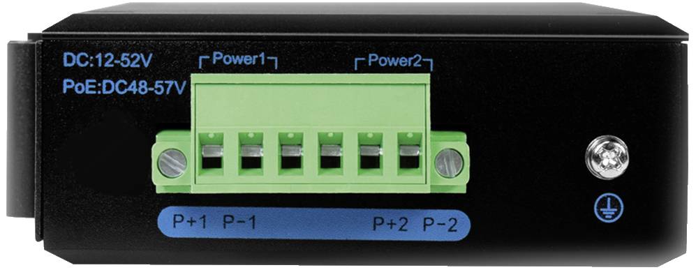 Un appareil noir avec des connexions vertes, étiqueté 'Power1' et 'Power2'. Sur le côté se trouvent une LED bleue et des indications de tension.