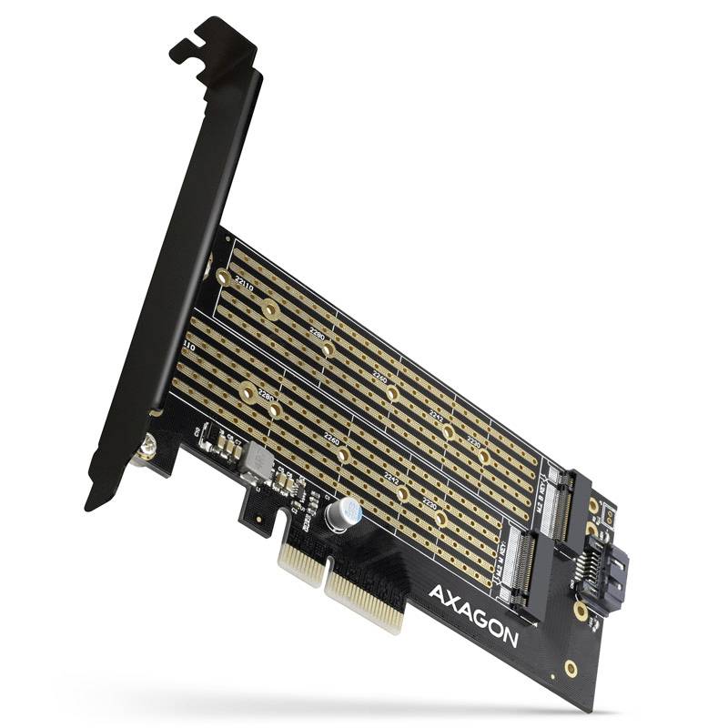 Adaptateur PCI-E vers M.2 NVMe et SATA de la marque Axagon, avec un design de carte mère noir et des pistes dorées.