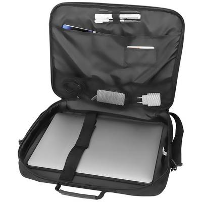 Sacoche noire ouverte contenant un ordinateur portable et ses accessoires tels que câbles et chargeur, soigneusement rangés dans les compartiments intérieurs.