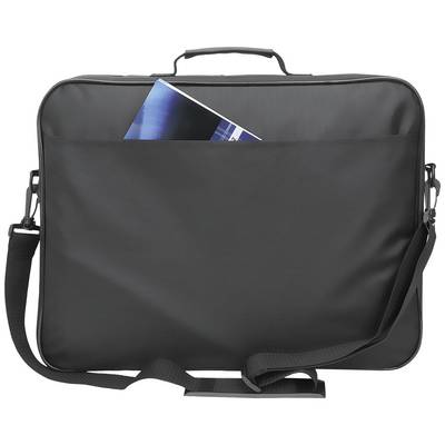 Sacoche noire pour ordinateur portable avec bandoulière. Un coin d'un document bleu dépasse de la poche supérieure.