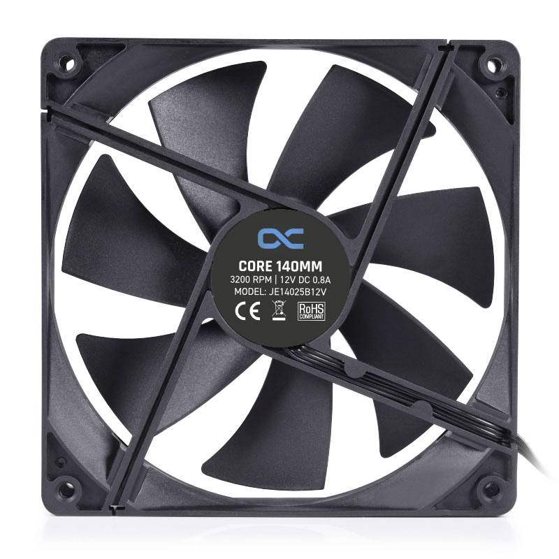 Un ventilateur noir avec le texte 'Core 140mm', vitesse de rotation : 3200 tr/min, tension : 12V DC, numéro de modèle : JE14205112V.