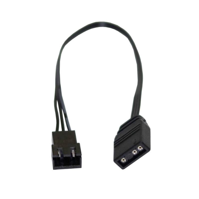 Un câble noir à 3 pôles avec deux extrémités de connecteur, l'une étant une prise plate à 3 trous, l'autre un connecteur Molex.