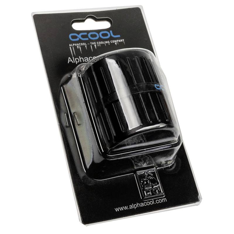 Emballage d'un produit Alphacool avec un accessoire noir, vraisemblablement destiné au refroidissement. Le logo 'Alphacool' et le site web sont visibles.
