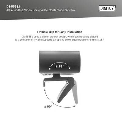 'DS-55581 : Barre vidéo tout-en-un 4K pour visioconférences. Clip flexible pour une installation facile. Supporte une inclinaison de -15° à +15°.'