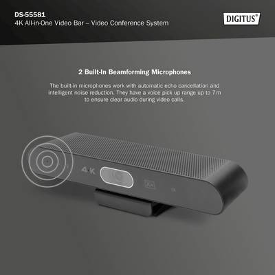 Système de visioconférence en résolution 4K, doté de deux microphones à formation de faisceau intégrés et d'une réduction automatique de l'écho, permettant une transmission audio claire jusqu'à 7 mètres.