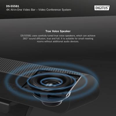 Image publicitaire numérique pour le produit 'DS-55581', un système de visioconférence 4K adapté aux petites salles de réunion.