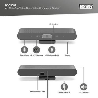 DS-55581 Barre vidéo 4K avec microphone, caméra, indicateur LED et haut-parleurs, connexion via USB 2.0 Type A, pour visioconférences.