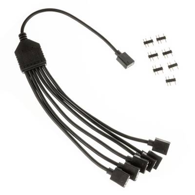 Un câble répartiteur PWM noir 1 vers 8 pour ventilateurs avec huit connexions, idéal pour l'extension des connexions de ventilateurs dans un ordinateur.