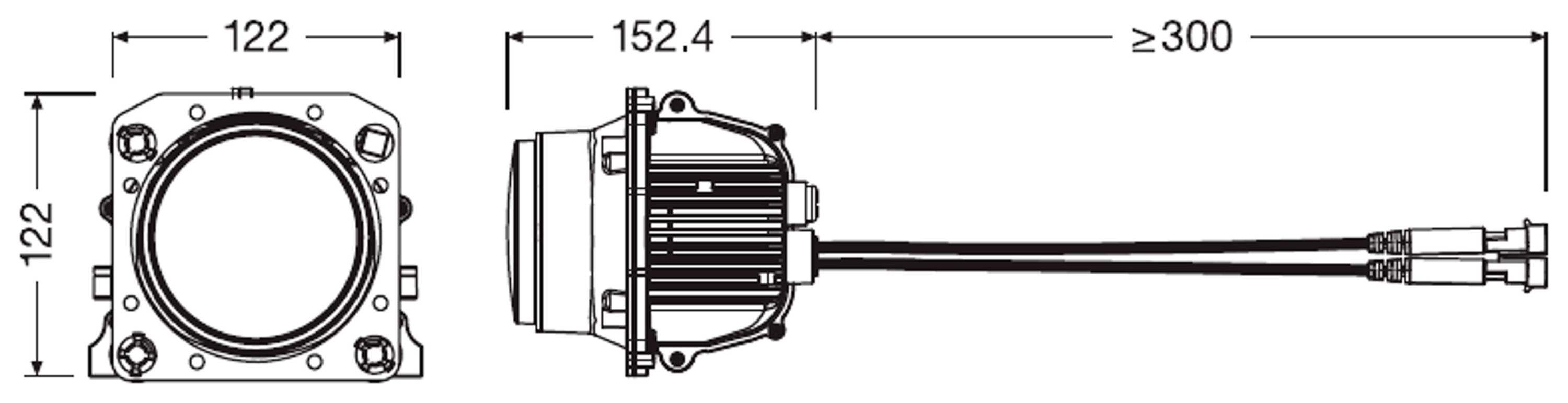 Dessin technique d'un composant rond avec les dimensions suivantes : diamètre 122 mm, longueur 152,4 mm, câble de 300 mm de long.