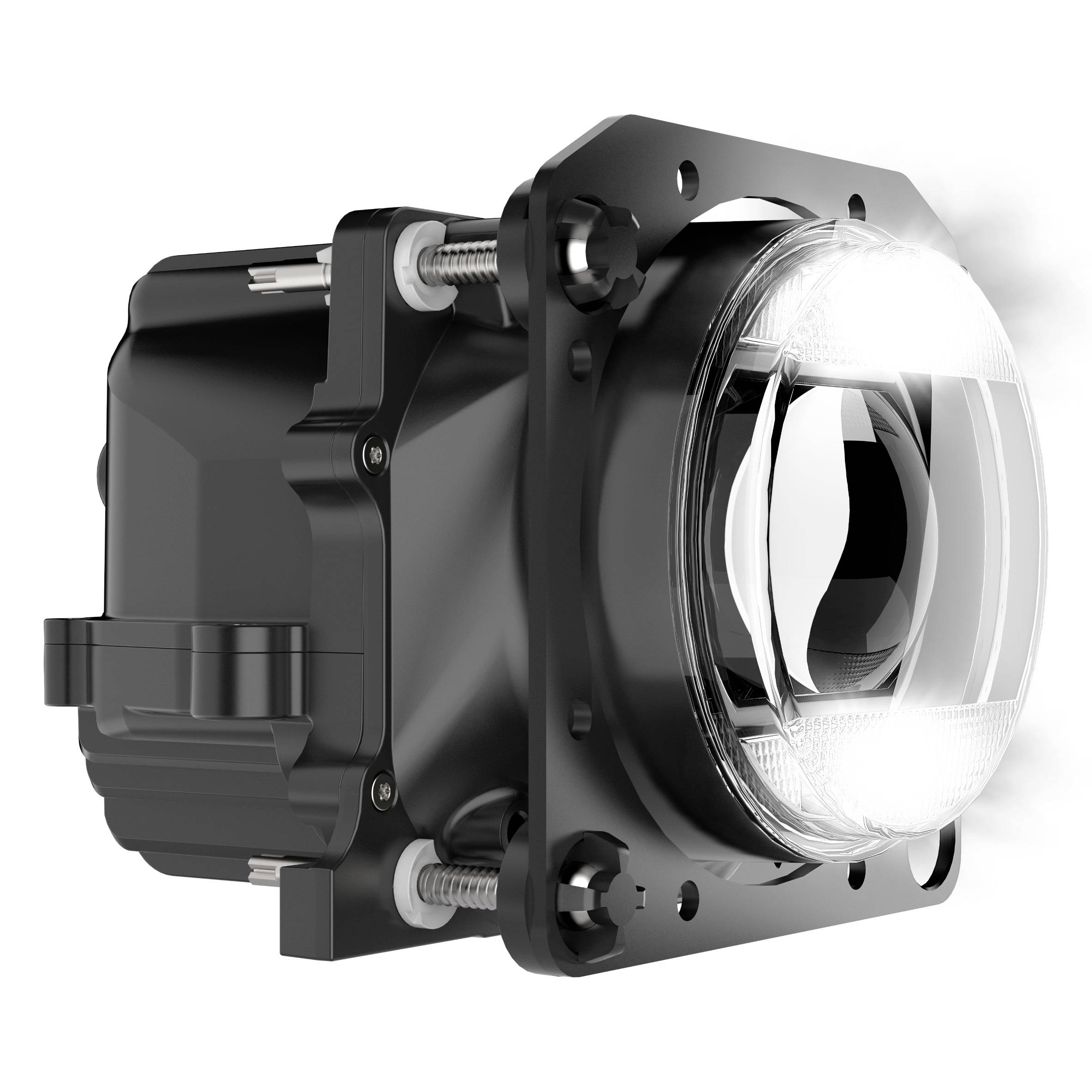 L'image montre un projecteur LED noir avec des lentilles transparentes, positionné sur un fond blanc.