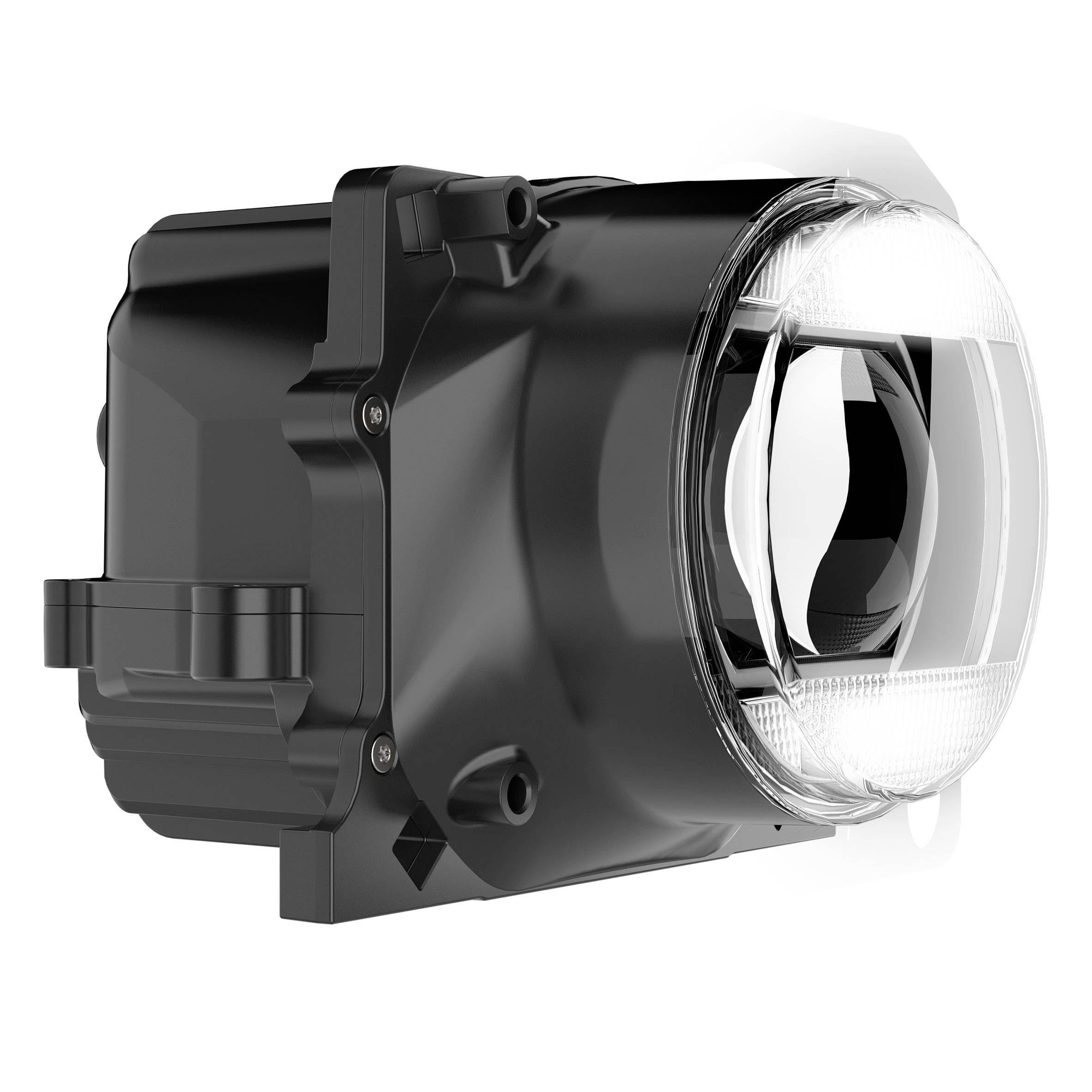 Un boîtier de projecteur noir et rectangulaire avec une lentille ronde et transparente sur le côté droit.