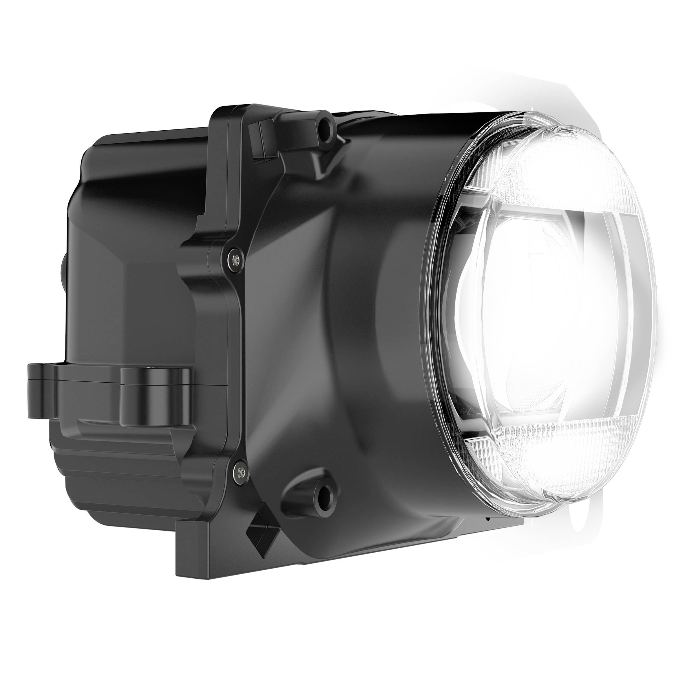 Phare d'un véhicule, noir avec une vitre ronde et une technologie d'éclairage LED identifiée, sur fond blanc.