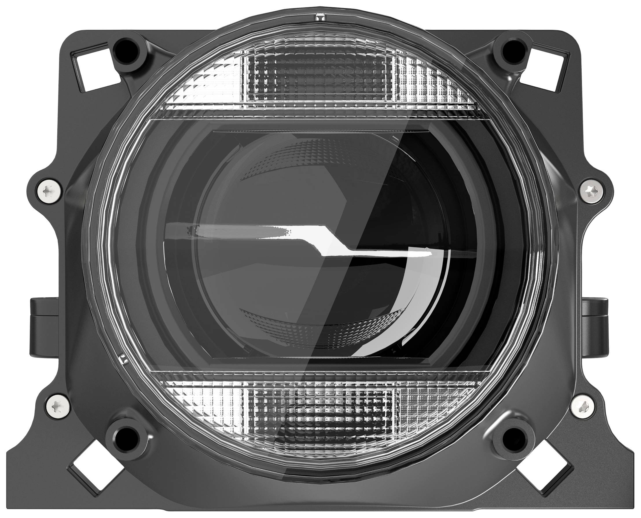 Un élément noir, circulaire d'automobile avec des sections transparentes et des points de fixation sur les côtés, probablement un phare.