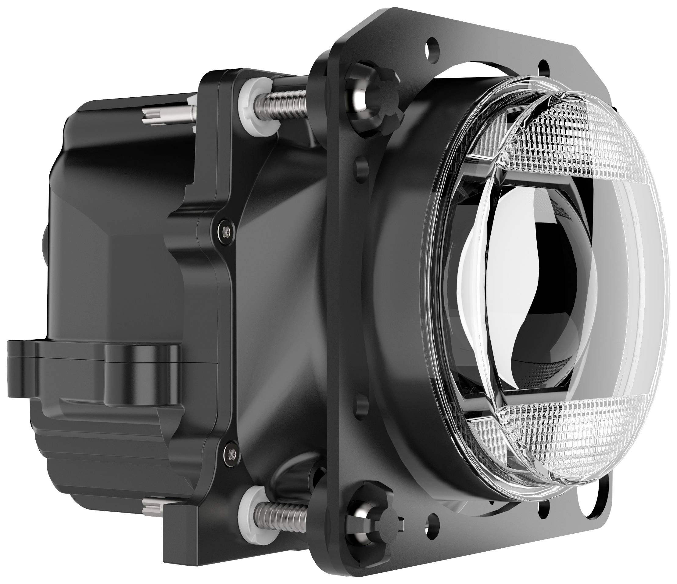 Module de projecteur LED noir en gros plan, avec lentille transparente et vis visibles sur les côtés, sur un fond blanc.