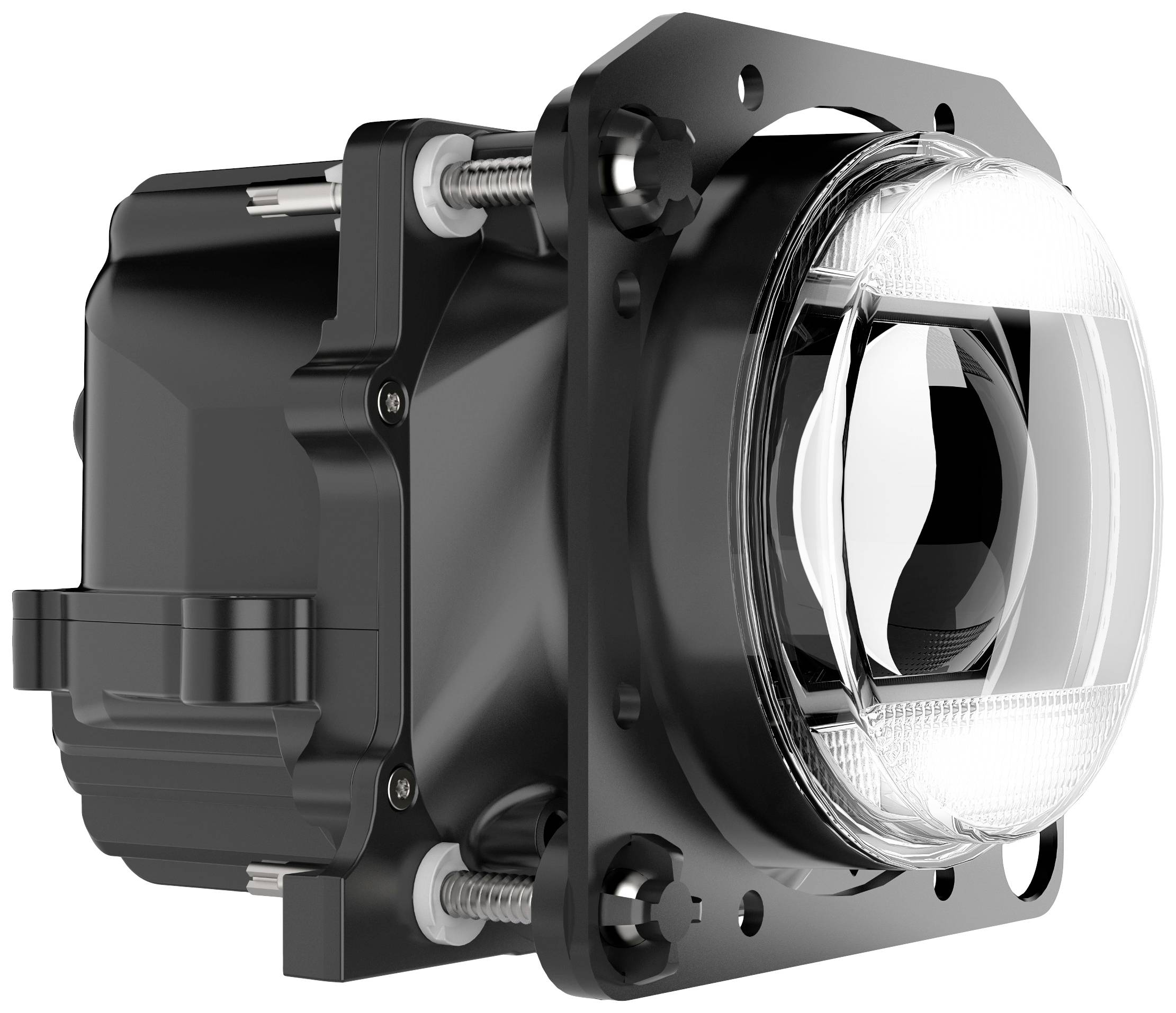 Un projecteur de véhicule noir avec une lentille circulaire, monté sur un boîtier rectangulaire, illustre la technologie dans le domaine automobile.