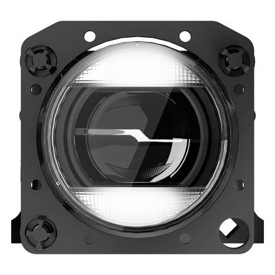 Un phare de voiture carré à technologie LED, composé d'un éclairage central rond, entouré d'un cadre noir.