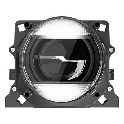 Un projecteur LED rond dans un boîtier noir avec des ouvertures de montage. Il présente un couvercle en verre transparent recouvrant une surface réfléchissante.