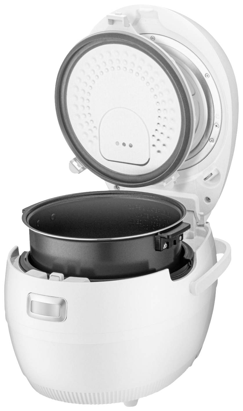 Multicuiseur électrique blanc avec couvercle ouvert et cuve amovible.