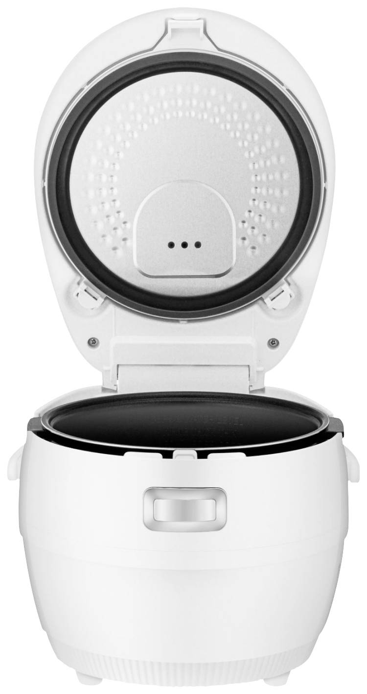 Un cuiseur à riz blanc avec le couvercle ouvert, l'intérieur revêtu de noir, montre l'intérieur à fonction antiadhésive pour une cuisson uniforme.