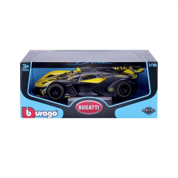 Un modèle de voiture miniature Bugatti, principalement noir avec des touches jaunes, dans un emballage Bburago pour enfants à partir de 3 ans.