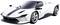 Une voiture de sport blanche avec des bandes noires, le logo Ferrari sur le côté, un design aérodynamique et des phares modernes.