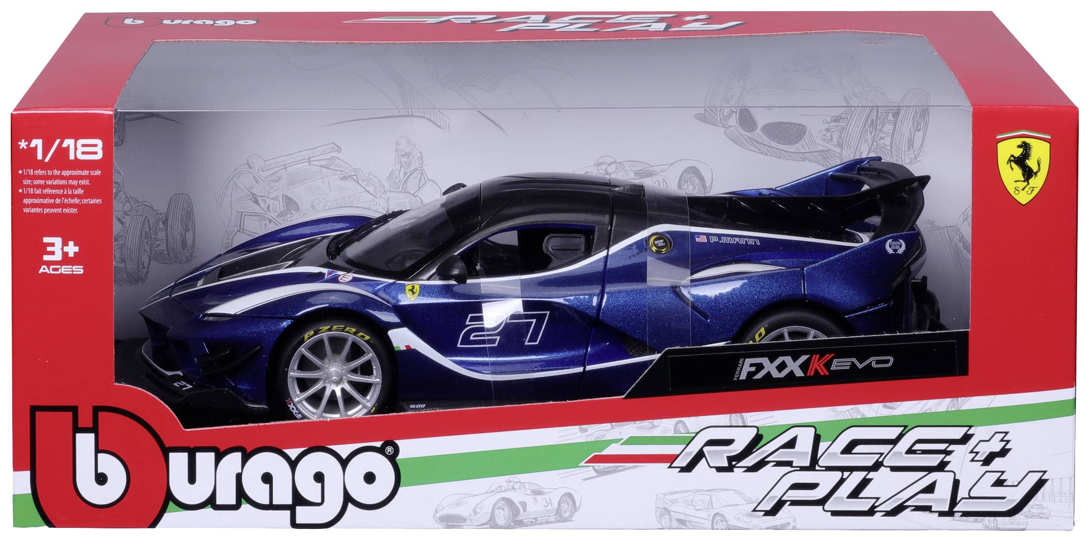Une voiture miniature bleue dans un emballage rouge avec le logo Ferrari, convenant aux enfants à partir de 3 ans. Emballage portant les inscriptions 'Bburago' et 'Race & Play'.
