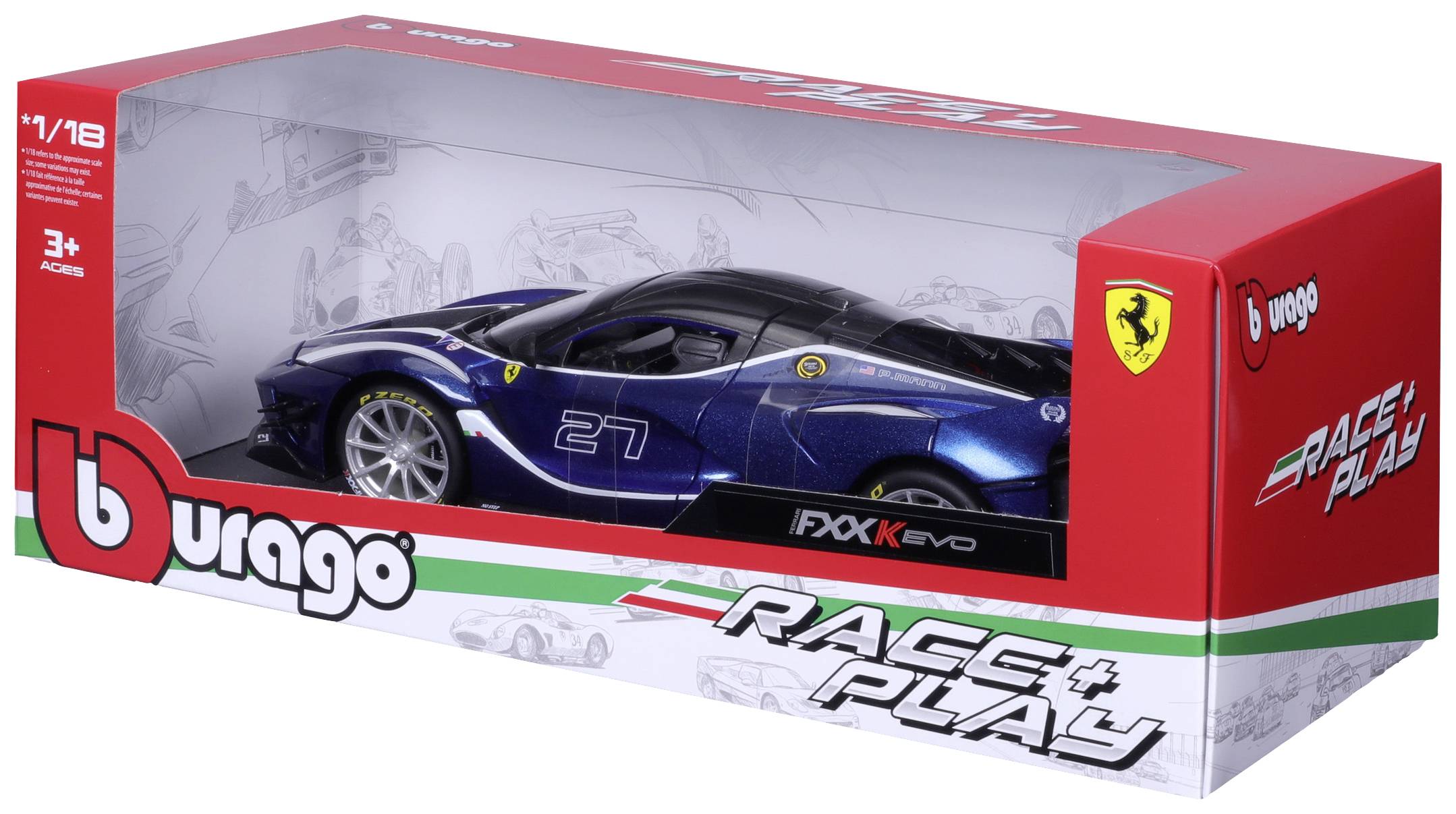 Une voiture miniature Ferrari FXX K Evo de couleur bleu foncé à l'échelle 1:18, livrée dans un emballage rouge arborant le logo Ferrari, convenant aux enfants à partir de 3 ans.