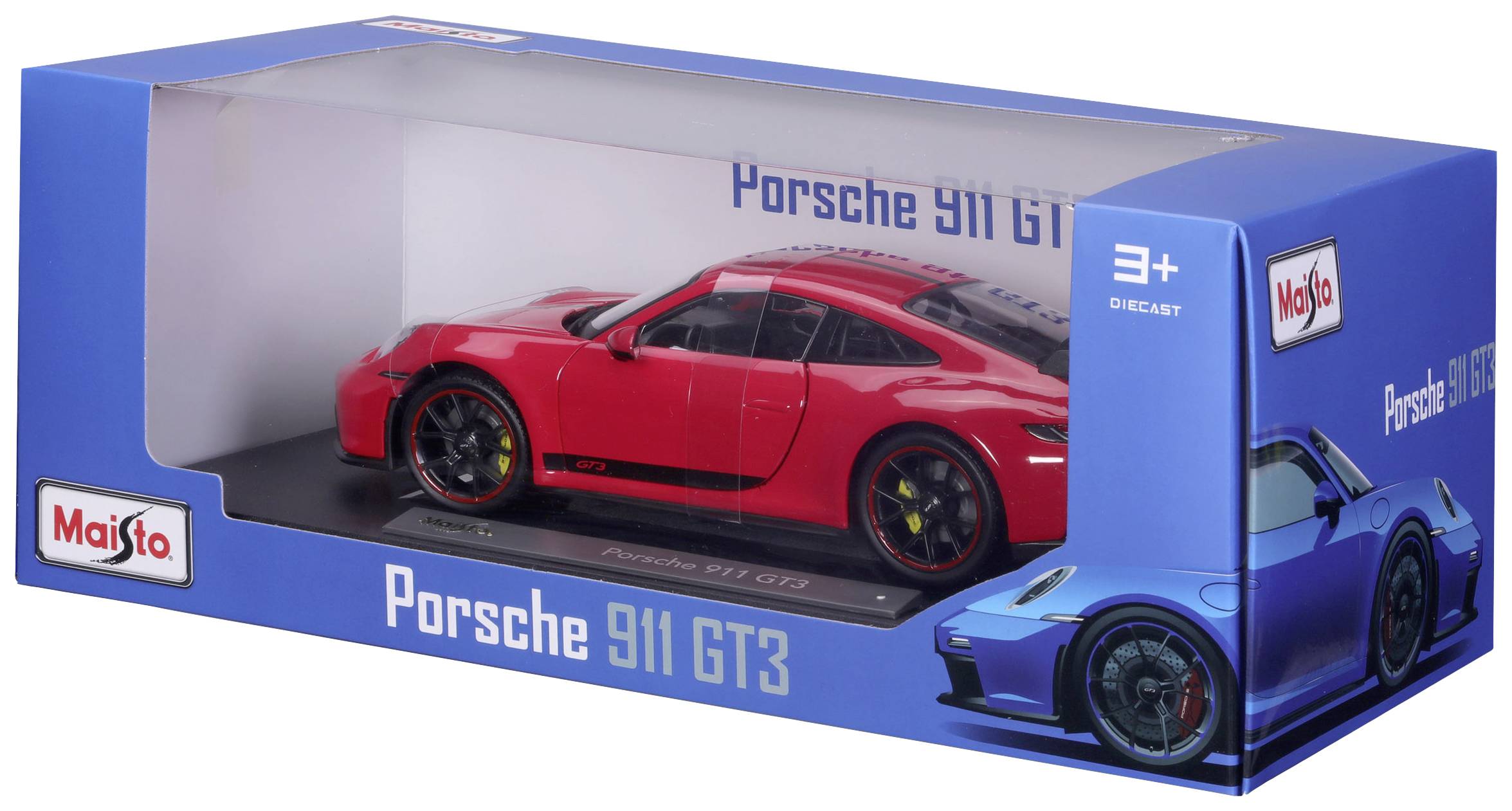 Voiture miniature rouge d'une Porsche 911 GT3 dans un emballage bleu avec fenêtre transparente.
