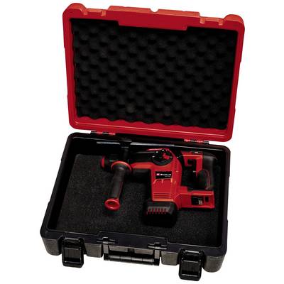 Un marteau-perforateur rouge avec une poignée noire, soigneusement rangé dans un coffret rigide noir doublé de mousse, posé verticalement.