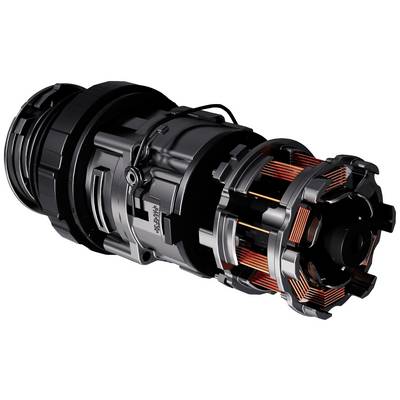 Moteur industriel en gros plan avec des fils détaillés et un boîtier. Tons sombres avec des enroulements orangés.