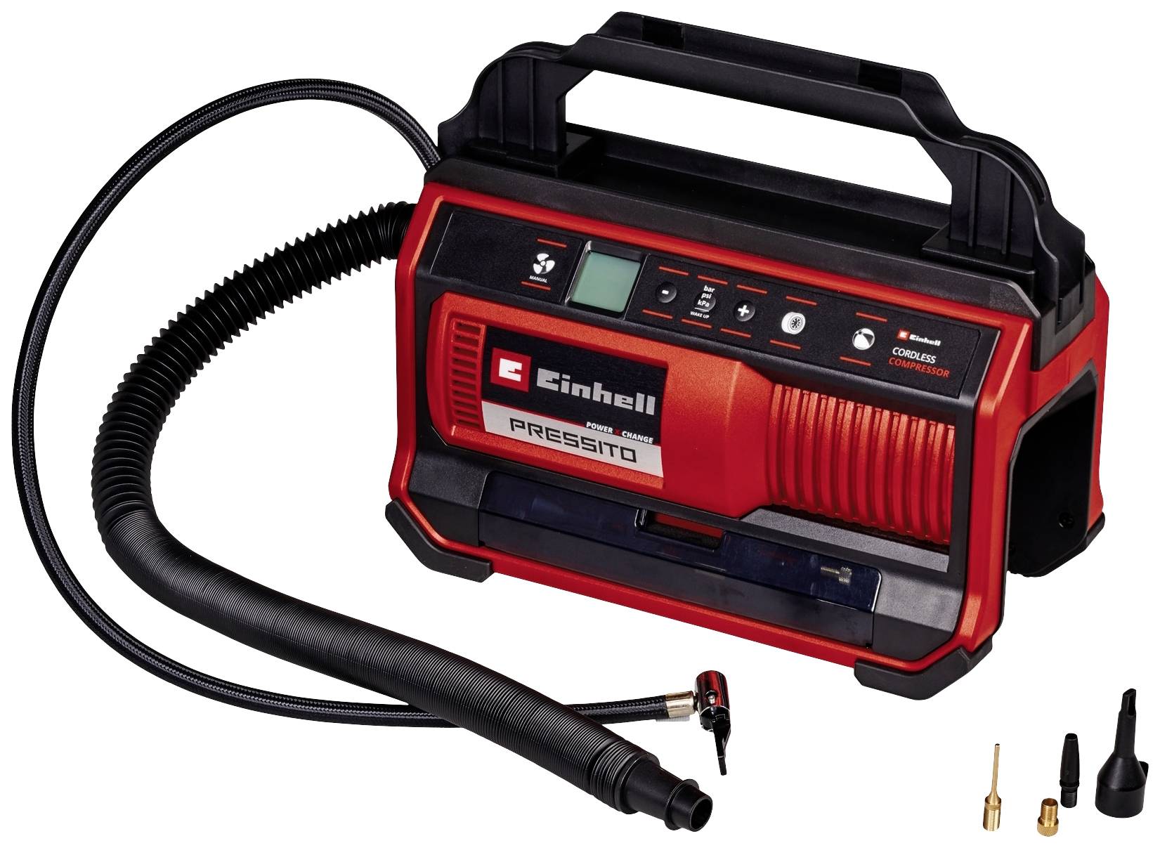 Un compresseur mobile rouge avec un affichage numérique et un tuyau, adapté pour les pneus de voiture. Des accessoires sont visibles à côté de l'appareil.