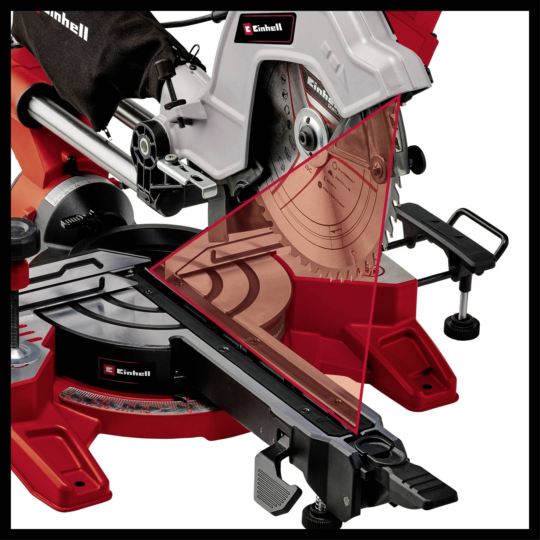 Une scie à onglets d'Einhell avec un boîtier rouge. La tête de scie est partiellement représentée de manière transparente pour montrer les mécanismes internes.