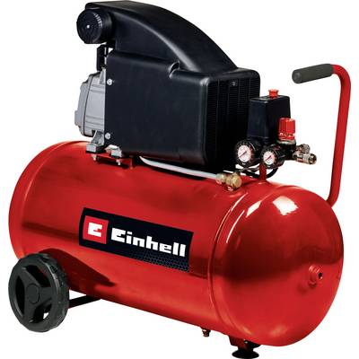 Compresseur d'air portable Einhell rouge avec réservoir, poignée, roues, manomètres et unité motrice au sommet.