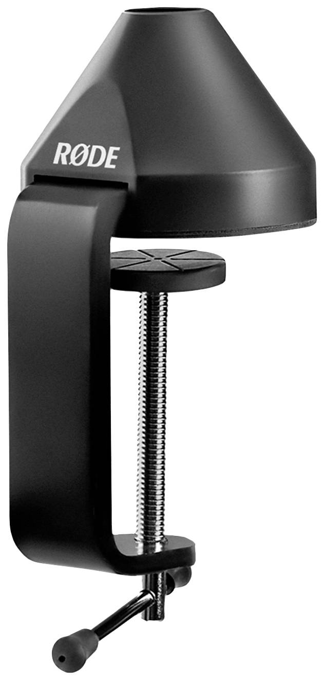 Un support de microphone noir de marque 'RØDE' avec une fixation par pince, permettant un positionnement stable sur une table ou une surface.